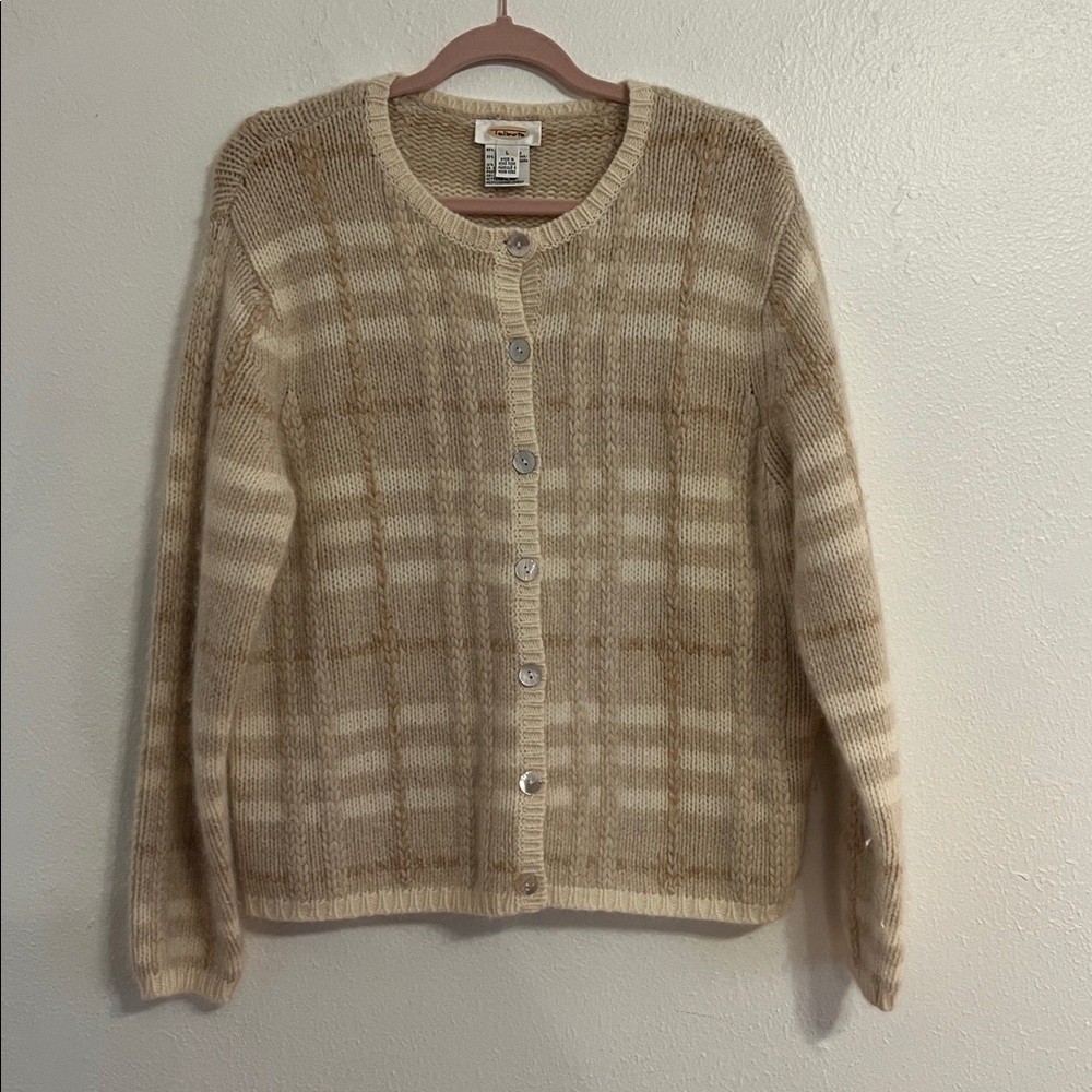 Talbots SZ L Wool/ Angora Cream/Tan/Beige Old Money Regency Plaid Knit Cardigan